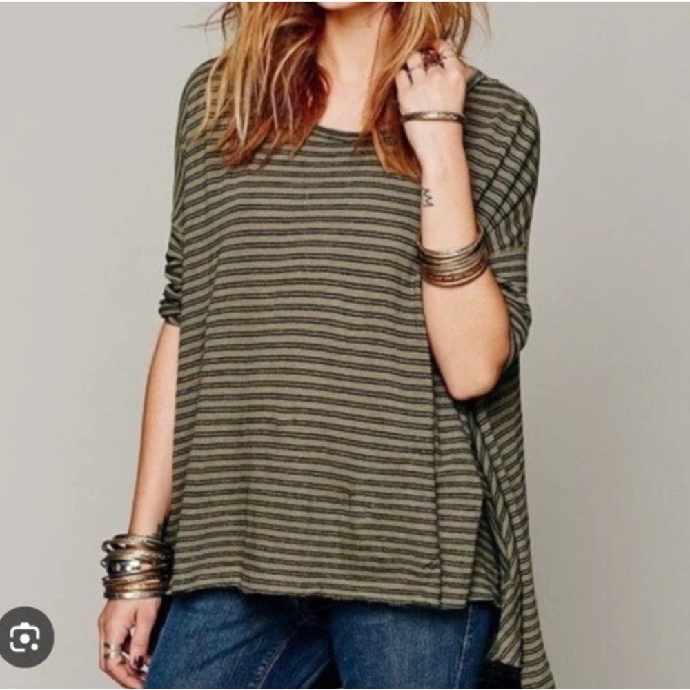 We The Free Striped Linen Cotton Tunic Navy Brown Hi Low Sz XS/Small Oversized